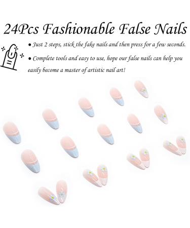 Almond Flower False Nails Short 24Pcs Oval French Fake Nails Light Blue and White Press on Nails - Floral Nude French Nail Tips - Nail Glue Stick - Women Girls Nails Art - Blue 29 Piece Set - Buy Online on GoSupps.com
