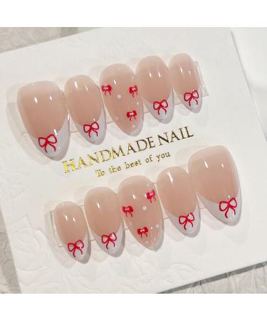 French Tip Press on Nails - Short Press On Nails with Nail Tips Red bowknot false nails almond shaped Design press on nails Acrylic False Nails Cute Artificial Nails