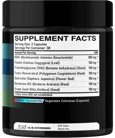 NAD.+ Supplement - Combined to Resveratrol, Quercetin, Berberine, Fisetin, TMG and Grape Seed - 60 Capsules 60 Count (Pack of 1) - Buy Online on GoSupps.com