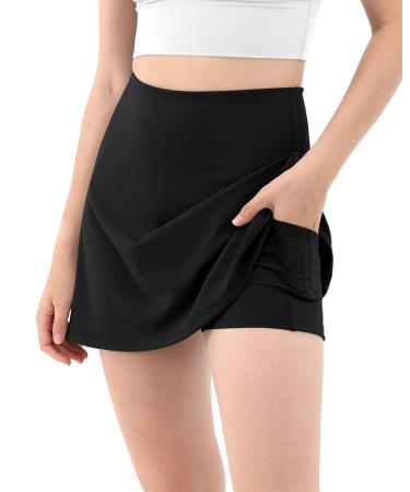 ODODOS Women's Athletic Tennis Skorts with Pockets Built-in Shorts Golf Active Skirts for Sports Running Gym Training Black Large