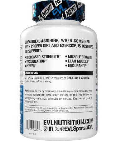 Evlution Nutrition Creatine + L-Arginine - Supports Blood Flow Post-Workout Recovery & Lean Muscle Growth - 500mg Creatine Monohydrate & 500mg L-Arginine Per Serving -60 Servings -120 Veggie Capsules - Buy Online on GoSupps.com