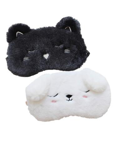 Shinywear 2 Pcs Cute Sleepping Eyemask Black Cat & White Dog Animal Cartoon Style Silk Feeling Plush Eye-Shade Cover Blinder - Buy Online on GoSupps.com