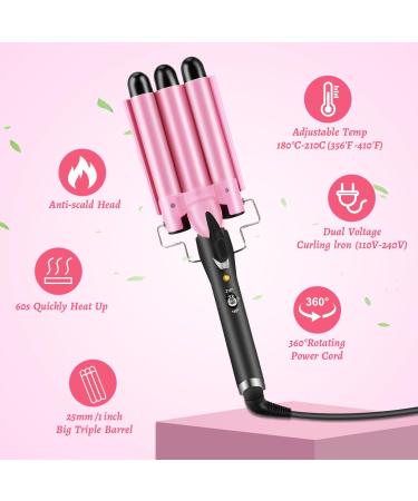 3 Barrels Hair Curler - 25mm Pink Curling Iron with 2 Temperature Control for Mermaid Waves | Quick Heating Hair Waver Styling Tool - Buy Online on GoSupps.com