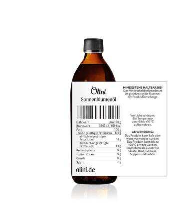 Olini Sunflower Oil 500ml - Freshly Pressed Cold-Pressed Natural Oil for Your Kitchen - Unmatched Taste & Quality - Buy Online on GoSupps.com