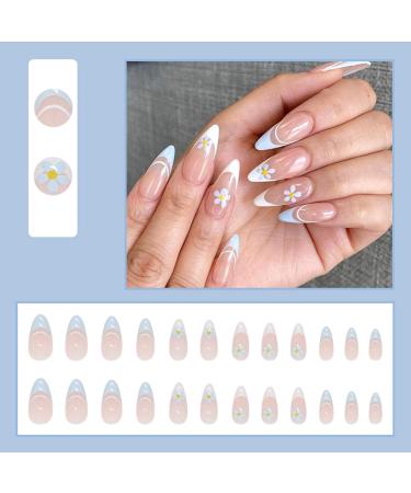 Justotry 24 Pieces Almond Short Press On Nails - Blue & White Flower Acrylic Fingernails for Women | Stylish Artificial Nail Art - Buy Online on GoSupps.com