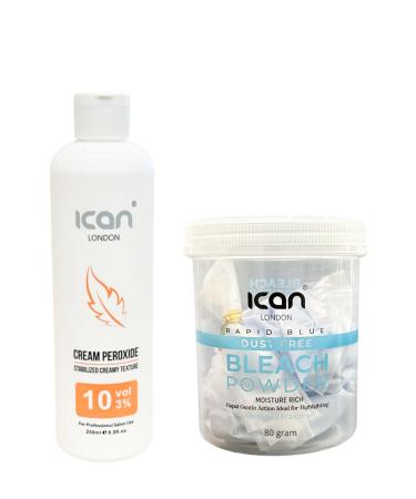 ICAN LONDON PROFESSIONAL CREAM PEROXIDE 10 VOL 3% 250 ML + RAPID BLUE POWDER BLEACH 80 G JAR SET
