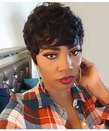 VRZ Human Hair Short Pixie Wigs with Bangs Pixie Cut Short Hair Wigs Black Layered Pixie Wavy Wigs for Women (SIDE WAVY)