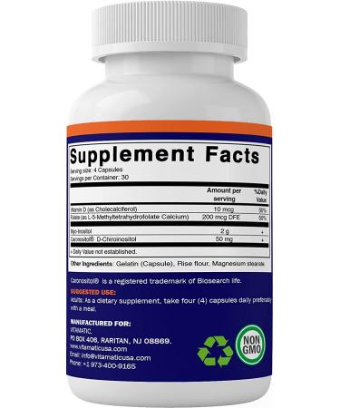 Vitamatic Myo-Inositol D-Chiro Inositol Fertility Supplements for Women - 2000mg - 40:1 Ratio - with MTHF Folate & Vitamin D - 120 Capsules - Buy Online on GoSupps.com