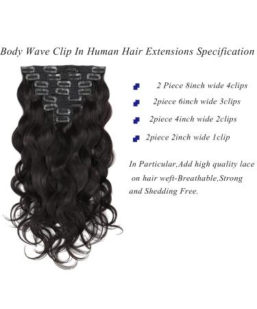 Body Wave Clip In Human Hair Extensions - 120g 8pcs 16 #1B Natural Black - Women's Wavy Hairpiece - BW-Natural Black - Buy Online on GoSupps.com