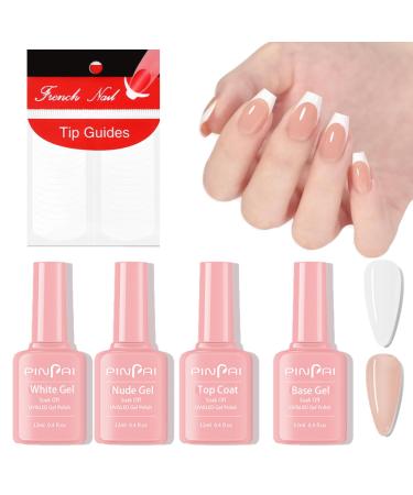 Gel Nail Polish Set - French Manicure Gel Polish White & Nude Nail Polish Set with Top Coat Base Coat Soak Off UV Gel French Manicure Set for Nail Art with French Tips Guides Sticker