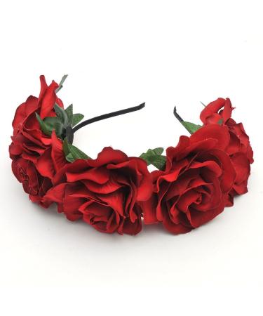 Bodermincer Women Rose Flowers Hairband Branch Wedding Wreath Headband Crown (Dark Red)