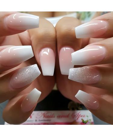 24PCS White Tip Gradient Pink Press on Nails Medium Square Fake Nails with Glitter Designs False Nails Acrylic Glossy Ballerina Artificial Glue on Nails Full Cover Stick on Nails for Women and Girls