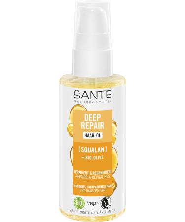 SANTE Naturkosmetik Deep Repair Hair Oil Squalan + Organic Olive, Vegan Oil for Intensely Nourished and Silky Hair, Repairs and Regenerates Damaged Hair 75 ml