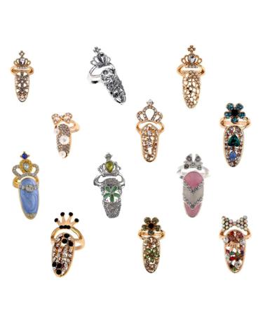 Minkissy 12pcs Crystal Finger Nail Rings - Alloy Crown Flower Bow Rhinestone Decor for Girls and Women - Buy Online on GoSupps.com