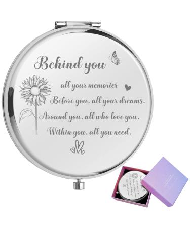 JCHCAMRY Behind You All Your Memories Travel Pocket Cosmetic Engraved Compact Makeup Mirror with Gift Box for Women Sister Friend Birthday Christmas Graduation Thanksgiving Gifts(Sliver)