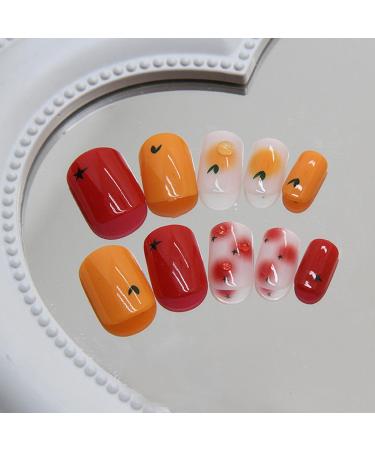 24-Piece Red Orange French Press-On Nails | Full Cover Acrylic Fingernails with Nail Glue Stickers | Heart Design for Women & Girls Nail Art - Buy Online on GoSupps.com