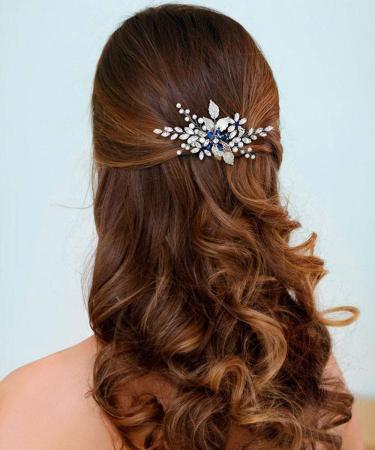 Anglacesmade Bridal Sapphire Crystal Hair Comb Pearl Blue Crystal Leaf Marquise Hair Piece Prom Party Festival Wedding Hair Accessories for Women and Girls (Silver) - Buy Online on GoSupps.com