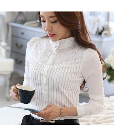 Geilisungren Women s Elegant Stand-Up Collar Blouse - Chiffon Lace Patchwork Button Tops - Casual Oversized XXL White Fashion - Buy Online on GoSupps.com