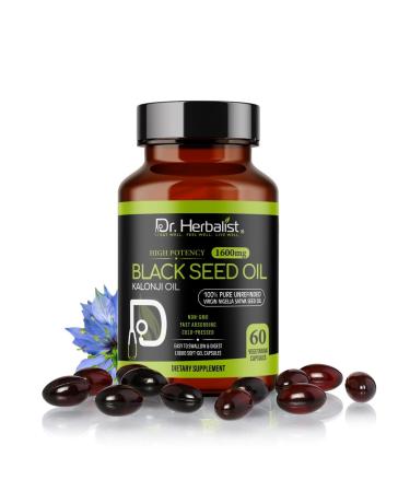 Dr. HERBALIST Black Seed Oil Capsules - 60 Count 1600mg Per Serving - Organic Cold Pressed Nigella Sativa Pure Black Cumin Seed Oil- Contains Natural Thymoquinone (TQ) Black Seed Oil 1