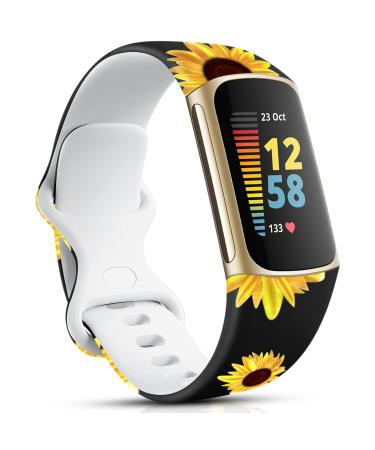 Ouwegaga Compatible with Fitbit Charge 5 Bands for Women, Soft Fadeless Pattern Printed Replacement Wristbands Watch Strap for Fitbit Charge 5 Advanced Fitness Tracker, Small Black Sunflower Small(5.5"-7.1") Black Sunflower