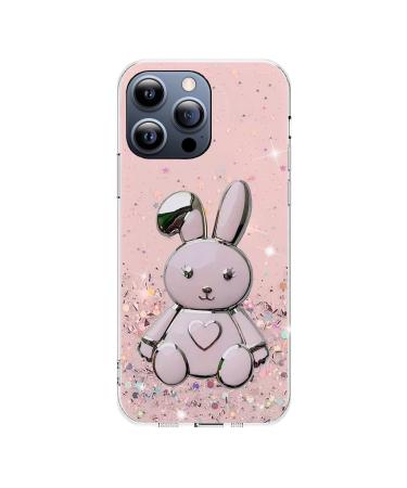 Miagon Rabbit Glitter Stand Case for iPhone 15 Pro Max Bling Transparent Soft TPU Protective Slim Shockproof Cover with Heart Bunny Holder Kickstand iPhone 15 Pro Max Pink