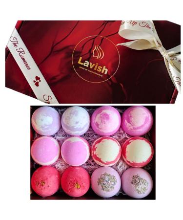Romantic Luxury Lavish Bath Bomb Gift Set - 12 Handmade 120g Bath Bombs with Essential Oils & Natural Shea Butter Vegan Non-GMO Cruelty Free Aromatherapy with Mixed Colours
