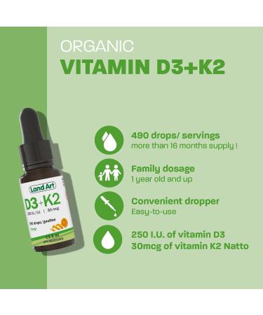 Certified Organic Vitamin D3 & K2 (MK7-Natto) - 490 Drops- Support Your Bones Immune System - Non-GMO - Gluten Free - Made in Canada (13.5 ml (Pack of 2)) - Buy Online on GoSupps.com