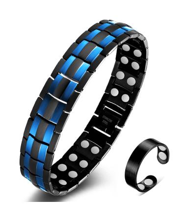 Vicmag Men Magnetic Bracelets Titanium Steel Magnet Bracelet Ultra Strength Double Row 3500 Gauss Wristband Brazaletes with Adjustment Tool & Jewelry Gift Box (Blue Black)