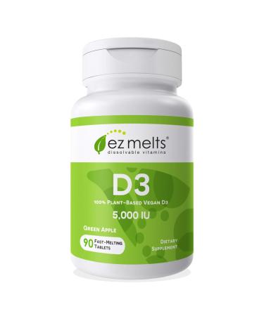 EZ Melts Vitamin D3 5000 IU Tablets - Vitamin D3 Dissolving Tablets for Improved Vitamin Intake - Vegan D3 Vitamins to Promote Bone Support - Zero Sugar Vitamin D3 Tablets - Apple Flavor - 90 Ct 90 Count (Pack of 1)