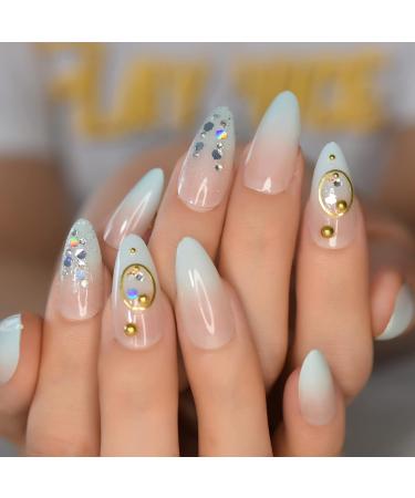Ombre Almond Medium Fake Nails with Rings | Holo Glossy 3D Bling Press On Nails | Nude Light Green Gradient - 24pcs Kit - Buy Online on GoSupps.com