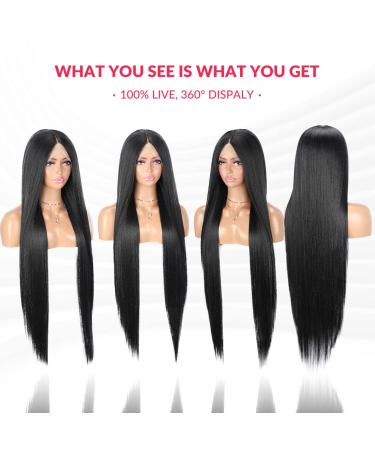 Lsybeauty Synthetic 37 Inch Long Straight Lace Front Wig for Women - 180% Density, Deep Middle Part, Heat Resistant Fiber - Black Glueless Hair Replacement with Baby Hair - Buy Online on GoSupps.com