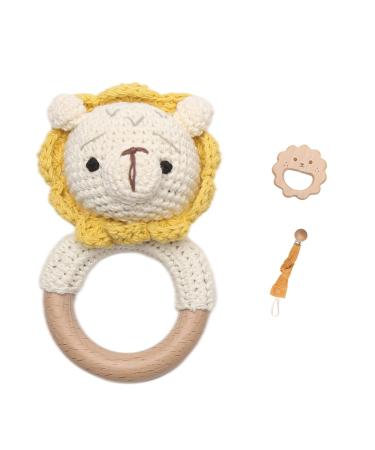 Wooden Baby Rattle Newborn Crochet Lion Rattle Newborn Toy Natural Wood Teething Ring Rattle for Hand Grips Boy Girl First Rattle Gift Beige Lion