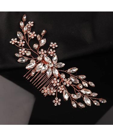 Teyglen Rhinestone Flower Bride Wedding Hair Comb Headband Crystal Hair Pieces Headpieces with Rhinestones Hair Accessories Handmade Bridal Side Hair Combs for Women Bride Girls (Rose gold)