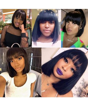 8 Inch Short Bob Human Hair Wig with Bangs | Non-Lace None Front | Brazilian Straight Machine Made Natural Color | For Black Women - Buy Online on GoSupps.com