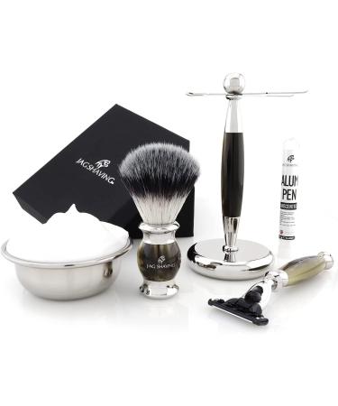 Jag Shaving Razor Set | 3-Part Shaving Kit - JAG's Lee Range with Synthetic Silver Spitzhaar Brush & Safety Razor | Elegant Green Horn Imitation Stand - Buy Online on GoSupps.com