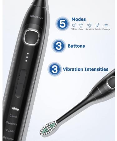 Operan Electric Toothbrush for Adults and Kids - High Power Sonic Rechargeable Toothbrush with Smart Timer, 5 Modes, 6 Brush Heads - 40,000 VPM Motor - 6 Hours Fast Charge - 100 Days Battery Life - Black - Buy Online on GoSupps.com