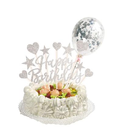Cake Topper Stitch Cake Topper Happy Birthday Cake Topper for Boy Girl Kids Men Women Happy Birthday Sign for Cake (SILVER)