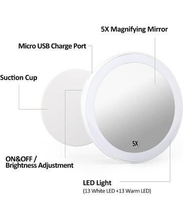 SHEGINEL 5X Magnified LED Makeup Mirror - Portable Compact Mirror with 3 Color Lighting, Perfect for Traveling (White) - Buy Online on GoSupps.com