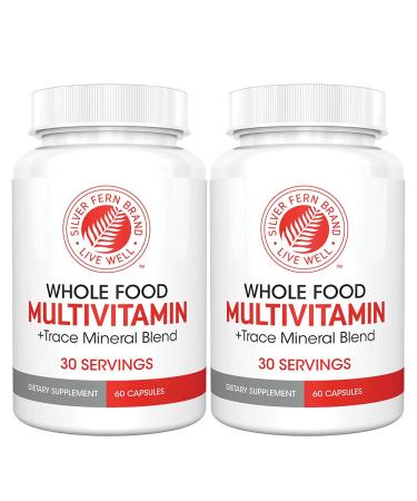 Silver Fern Whole Food Daily Multi Vitamin w/Trace Mineral Blend Supplement - 2 Bottles - 60 Vegicaps Each - 60 Day Supply - Natural Non-GMO Vegan Multivitamin for Men & Women - Zero Synthetics