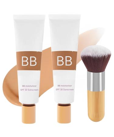 Tinted Moisturizer BB SPF 30, Matte Moisturizer with Brush, Moisturizing & Smoothing Foundation, Oil Free & Lightweight, Long Lasting 12H, Creates a Matte Effect (2 Pcs)