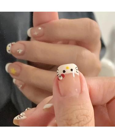 Cute False Nails French White Kitty Stick on Nails 24pcs Short Square Press On Nails with Glue Kitty Design Sweet Fake Nails for Kids Women Girls Maggidea Press On Nail (French Kitty) - Buy Online on GoSupps.com
