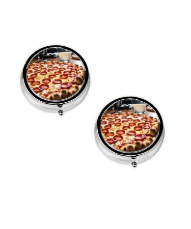 Big Pizza Printed Mini Round Pill Box Pill Box 3 Compartment Medicine Pill Case Pill Organizer Travel Pillbox Portable Pill Box for Pocket Home Office Use