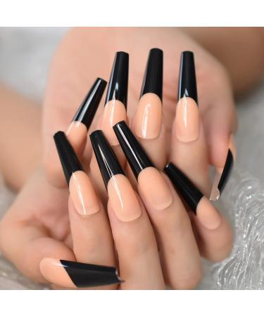Black Lace French Artificial Nails - Extra Long Coffin Shiny Acrylic U-Shaped Tips - 24-Piece Party Set for Women - Buy Online on GoSupps.com