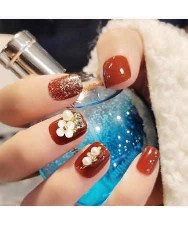 Sethexy Glossy Squoval Short False Nails Flower Glitter Rhinestone Studs Wine Full Cover Acrylic Fake Nails Tips for Women and Girls - Buy Online on GoSupps.com