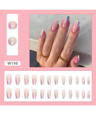 24pcs French False Nails Short - Almond Square Press on Nails - Full Cover Acrylic False Nails With Glue - Rainbow Blooming French Fake Nails for Women and Girls Nail Art - Buy Online on GoSupps.com