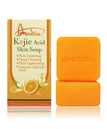 Amorettise Kojic Acid Soap for Brightening Glowing Face & Body Skin, Kojic Acid Soap Contain Salicylic Acid for Dark Spots, Sun Patches, Scarring, Hyperpigmentation and Helps Even Skin Tone (2.82 oz / 2 Bars)