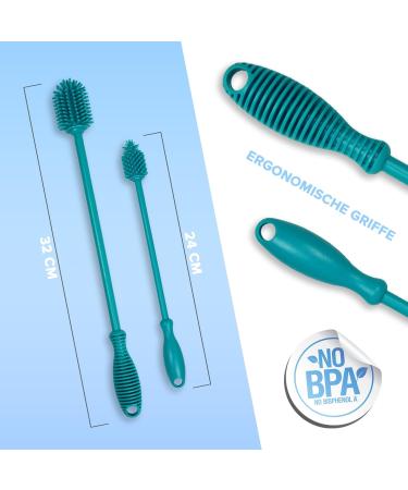 Jawaonline Silicone Bottle Brush Set - 32cm & 24cm - Gentle Scratch-Free Flexible Cleaner for Small & Large Bottles - Turquoise - Buy Online on GoSupps.com