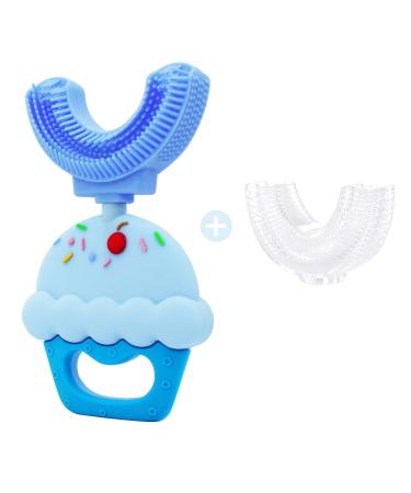 JIUJIU Kids U-Shaped Toothbrush  Food Grade Soft Silicone Brush Head  3 Sided Teeth Cleaning Removable Manual Toothbrushes for Child/Sensitive Teeth(Cake  Blue(Age 2-7)) Cake A-blue