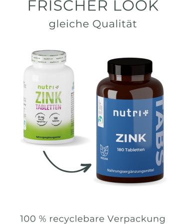 Nutri + Zinc Tablets 25mg - Vegan High Dose for Skin & Hair - 180 Tablets - Zinc Glycinate without Additives - Optimal Immune Support - Buy Online on GoSupps.com