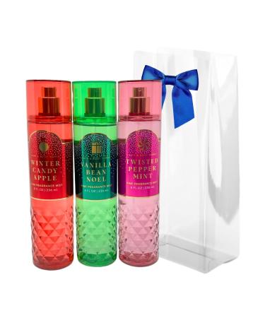 Bath & Body Works Fine Fragrance Mist - Winter Candy Apple Vanilla Bean Noel Twisted Peppermint - Gift Set with a Blue Bow for Holiday & Gifts - Full size 8oz (2023 Edition)